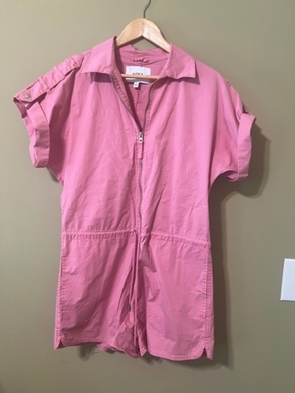 Pistola Pink Short-Sleeve Zip-Front Romper with Drawstring Size Small